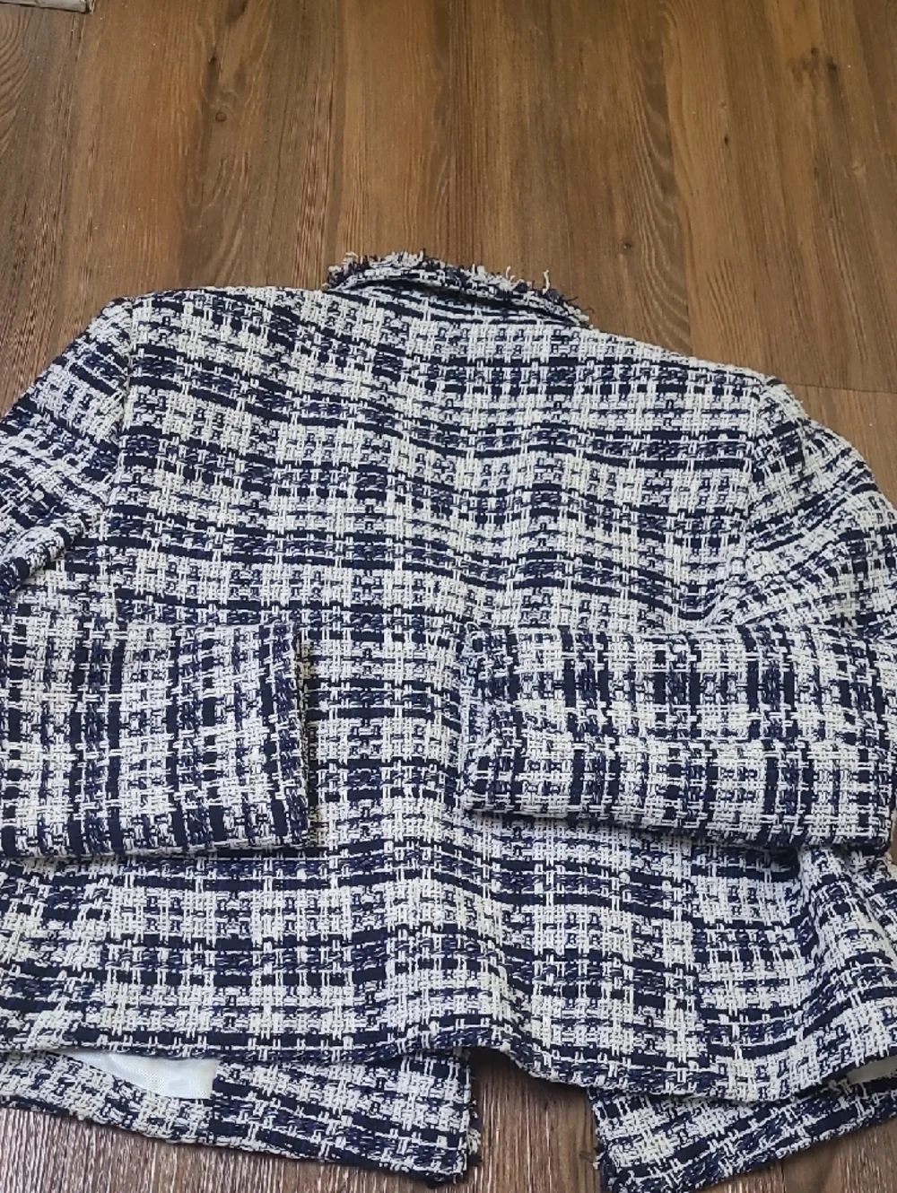 ZARA Navy and White Tweed Double-Breasted Crop Blazer